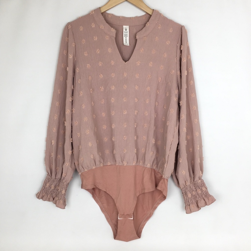 Women’s Chanel Polka Dot Bodysuit Blouse Top Pink Balloon Sleeve Size L By B